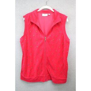 Quaker Factory Red Velour Vest-Full Zip-Rhinestones-Size Medium-Whimsigoth
